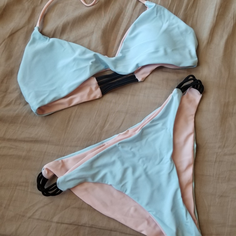 Pink and blue reversible bikini set
